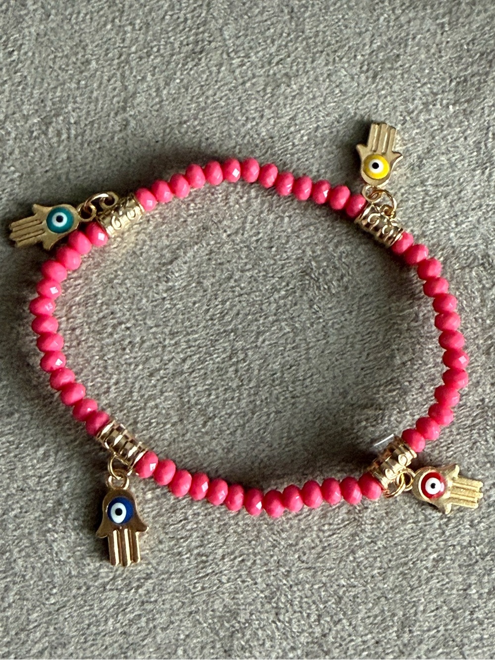 Pink Beaded Hamsa Charm Bracelet with Gold Accents